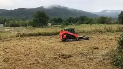 Orange tracked equipment on bare soil with mountains visible in background and forested area nearby.