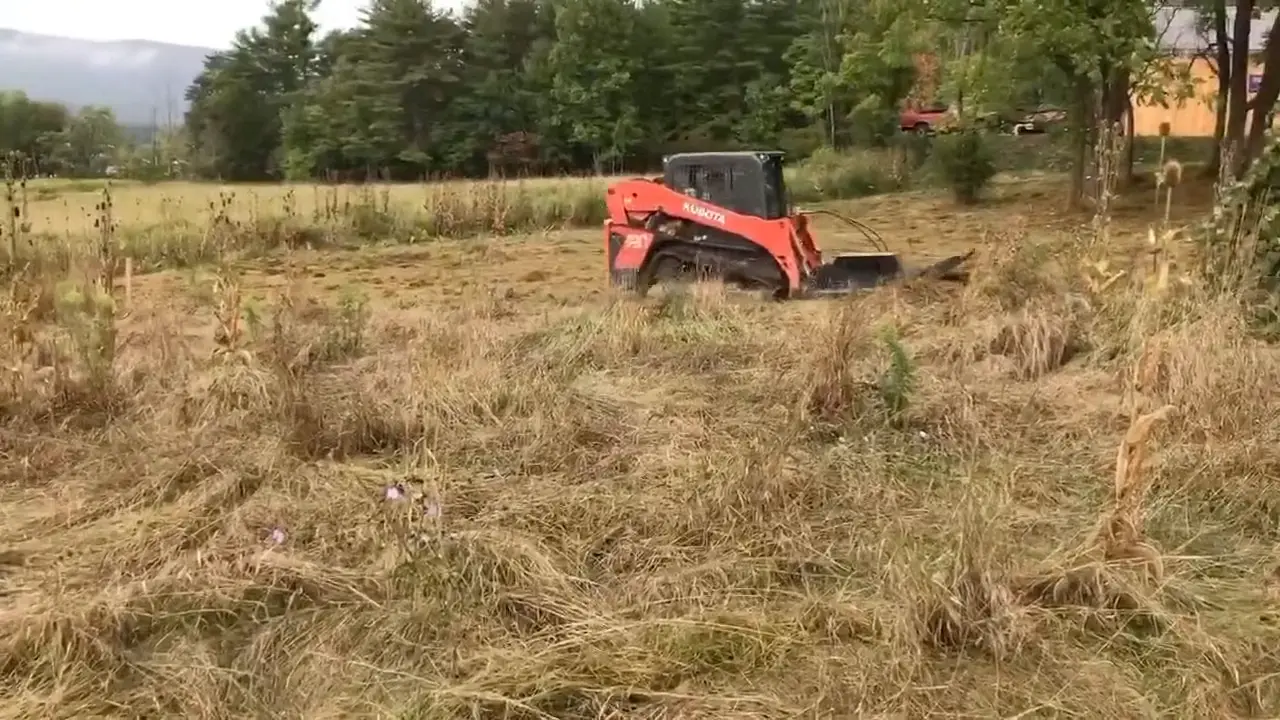 Orange tracked equipment working in overgrown grassy field with trees in background.